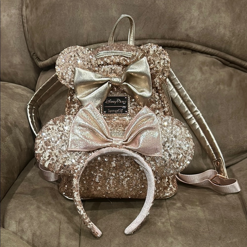 Disney Rose gold loungefly backpack and headband set